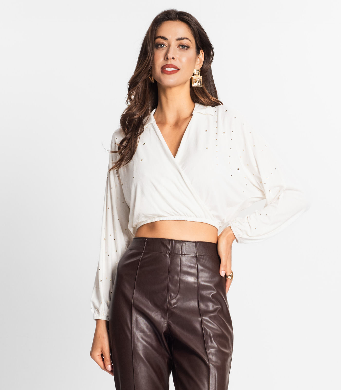 Camisa Feminina Manga Longa Com Strass Endless Bege